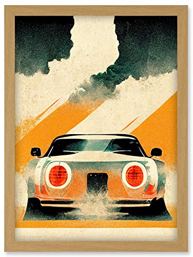 Doppelganger33 LTD Japanese Sports Car Vintage Vector Yellow Silver Black Artwork Framed Wall Art Print A4
