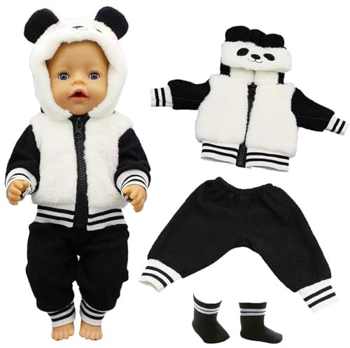 Puppenkleidung für 18 Inch Baby Puppen, Sweet Outfits Kapuzenjacke Hose Socke Kompatibel mit New Born Baby 30-45 cm Puppenkleidung Mädchen, Geburtstag (Panda) (Keine Puppe)