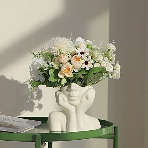 Plcnn Half Face Ceramic Vase 18cm White Girl Head Vase, Modern Sculpture White Planter Pot for Home Living Room Office Table Centerpiece Decor (White1)
