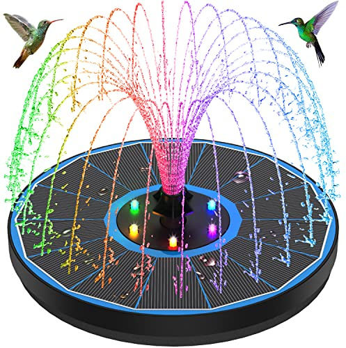 GAIZERL Solar Fountain New, 3.5W Solar Bird Bath Fountains with Glass Panel, 2200 Battery, Hummingbird Water Features with Color LED Lights, 8 Spray Modes & 4 Fixed Pipes for Garden, Pool, Pond