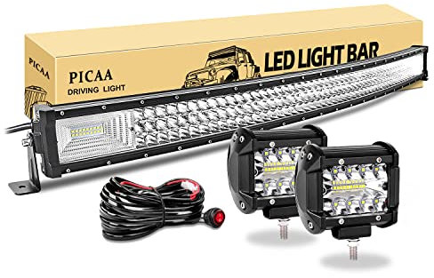 PICAA Led Arbeitsscheinwerfer 42 Zoll 104CM 540W 7D Led Lichtbalken Drei Reihen 12V Gewolbt Led Zusatzscheinwerfer Bar Mit 2PCS 4 Zoll 60W LED Arbeitslicht für SUV Offroad ATV UTV Traktor 4x4 Auto