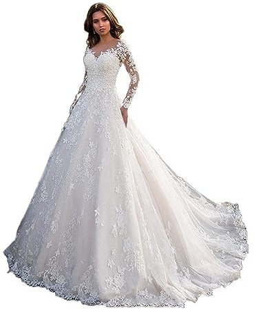 Robe de mariée Blanche à Manches Longues en Dentelle for Femme (Color : White, Size : S)