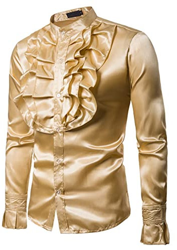 Men Satin Ruffle Shirts Long Sleeve Silk Like Satin Stand Collar Solid Color Slim Fit Casual Shirt (Golden, XXL)
