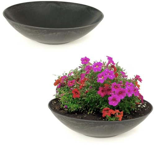 Matches21 - Ciotole da giardino resistenti alle intemperie, due grandi ciotole decorative in nero marmorizzato come ciotole per fiori, ciotole piatte da 35 cm, per fiori, bonsai o cimitero