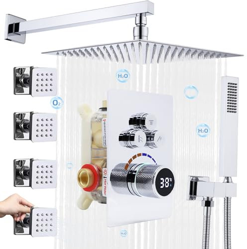 Delnet Shower System with Body Jets, 12 Inch Wall Mounted Rain Shower Set, Concealed 3 Way Outlet Digital Display Diverter Valve, Can Use All Options at A Time,Chrome