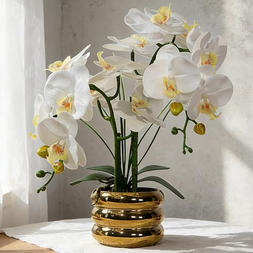 JARELING White Real Touch Orchid Artificial Flowers with Vase for Table Centerpieces, Real Touch Faux White Orchid Phalaenopsis in Ceramic Pot for Home Wedding Kitchen Decoration (Gold Vase, White)