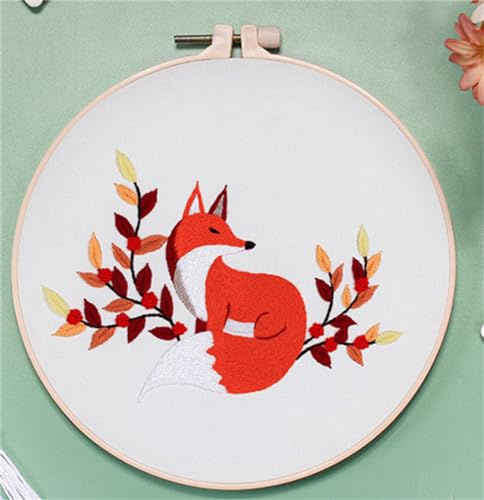 Meecaa Fuchs rotes Tier-Stickset, Starter-Set, Handstickerei-Set, gemustertes Kreuzstich-Set für Anfänger und Erwachsene, mit Stickrahmen und Anleitung (Fuchs)