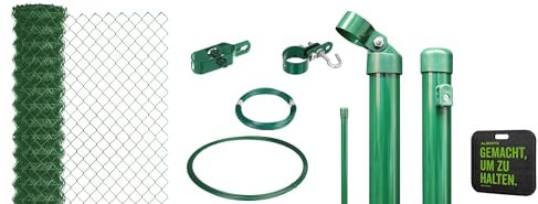 Alberts 697082 Maschendrahtzaun als Zaun-Komplettset, zum Einbetonieren mit Kniekissen | verschiedene Längen und Höhen - wahlweise in verschiedenen Farben | grün | Höhe 150 cm | Länge 15 m