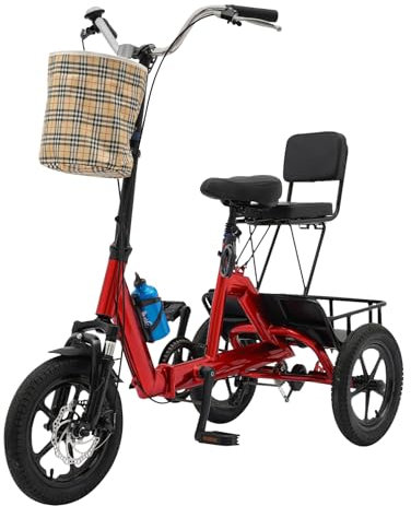 Wiyuer 3 Räder Faltbares Premium Abnehmbaren 14 Zoll Radfahren Tricycle Erwachsene Fahrrad Trike mit Aufbewahrungskörbe Kindersitz und Wasserkocherhalter Lastenfahrrad für Jugendliche Senioren Rot