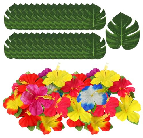 ZBHDEYG 70 piezas decoraciones tropicales para fiestas, decoraciones de fiesta hawaianas, decoración de fiesta temática de la selva, hojas artificiales, flores de plástico para decoración