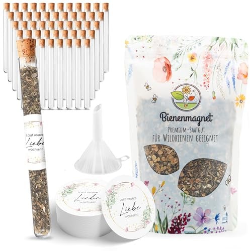 Reagenzgläser mit Blumensamen als Gastgeschenke zur Hochzeit - Besonderes Hochzeitsgeschenk für Gäste als Give Away - Lasst unsere Liebe wachsen Komplett-Set (50er Set)