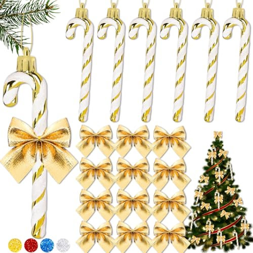 6 Stück Zuckerstangen Weihnachtsbaum, 12 Stück Weihnachtsschleifen, Baumschmuck, Schleifen, Anhänger, Weihnachtsbaumschmuck (Gold)