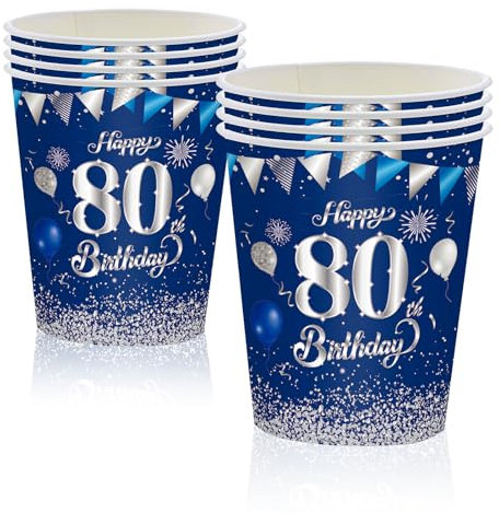 MORAINJAY Bicchieri di carta per 80° compleanno, 16 pezzi, blu con bicchieri di carta argentata, per uomo e donna, 80° compleanno, 250 ml, per 80° compleanno, decorazione per feste di compleanno