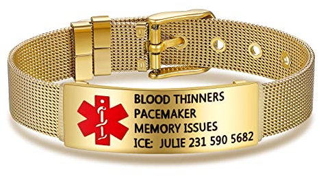 Amsgedhie Medizinisches Armband Edelstahl: Notfallarmband Verstellbares Armband - Personalisiertes Damenarmband - Armbandlänge 21,5cm (Gold)