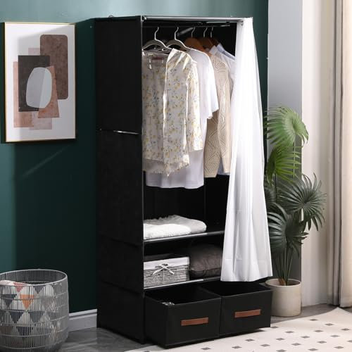 Homullel Portable Wardrobe Foldable Closets for Clothes Storage, Small Closets Wardrobe for Dorms, Bedroom, with Hanging Rail, 2 Drawers, 2 Shelves, Curtain (Black, 2 Drawers)