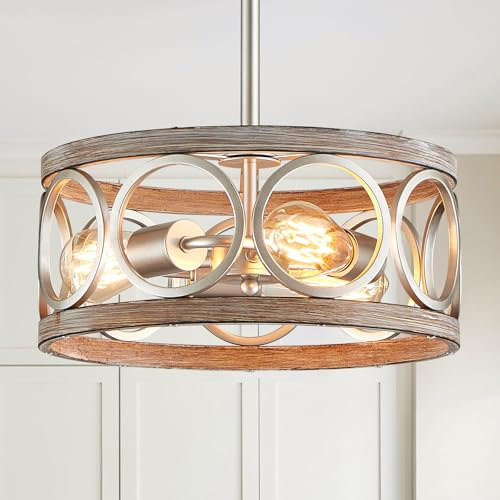 Majhoiw Pendelleuchte 3-Licht Moderne Kronleuchter Vintage Deckenlampe E27, Metall Drum Lampenschirm Hängeleuchte Nickel und Holzimitation Hängelampe für Wohnzimmer, Esszimmer, Schlafzimmer