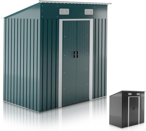 Jago® Abri de Jardin - 194×182×121,5cm, en Acier, Porte Coulissante, Résistant, Cadre Fondation, Toit Penché - Cabane Extérieur, pour Stockage et Outils (Vert Foncé)