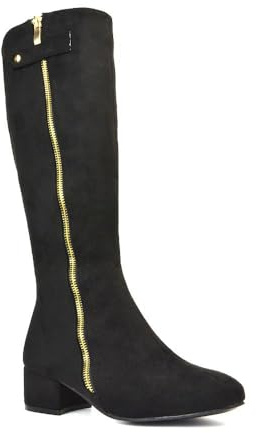 ESSEX GLAM Women's Knee High Boots Ladies Decorative Zip Low Heel Round Toe Faux Leather Biker Long Shoes Size 3-8
