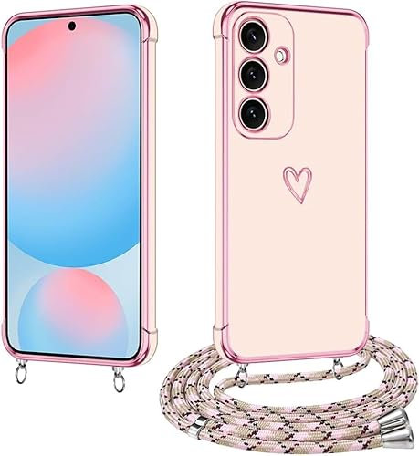 E-Lush Handyhülle Samsung Galaxy A56 5G Hülle mit Band, Herz Love Muster Galvanik Silikon Handy Hülle Samsung A56 Schutzhülle mit Kordel zum Umhängen Kameraschutz Stoßfeste Case, Roségold