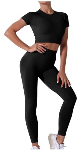 Jogginganzug Damen Set Yoga Jogginganzug Set Stretch Activewear Dehnbare Bekleidungssets 2 Stück Trainingsanzug Gym Leggings Set Sport Outfit Damen Fitness Set Blumen Offer(2-Black,L)