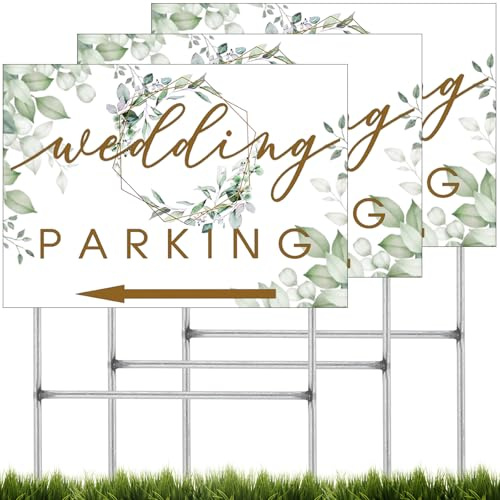 Memorywuu Lot de 3 panneaux de stationnement de mariage de 43,2 x 30,5 cm avec piquets en H en plastique imprimé double face flèches étanches pour l'extérieur de mariage, flèche directionnelle