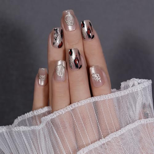 KQueenest Press On Nails Short Coffin, Gray French Tip False Nails with Glue, Bold Leopard Print Fake Nail Press ons with Gold Abstract Design, Reusable Gel Glue on Nails for Women 30 Pcs