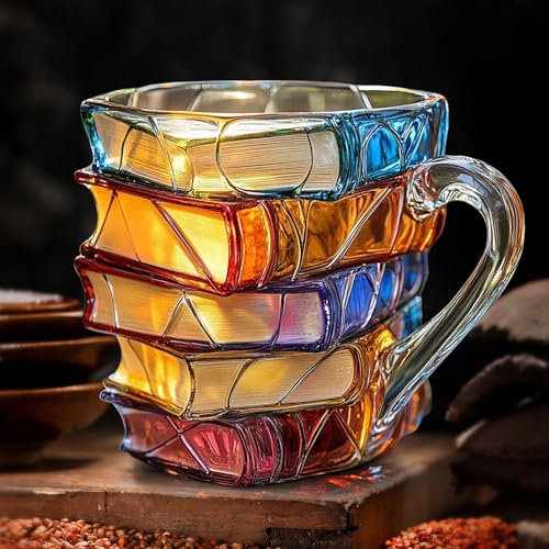 Painted Book Mug, 2025 New 3D Painted Glass Book Mug, Novelty Unique Colorful Acrylic Books Stack Shaped Coffee Cup, Collection Gifts for Literature Lovers Books Lovers (A)