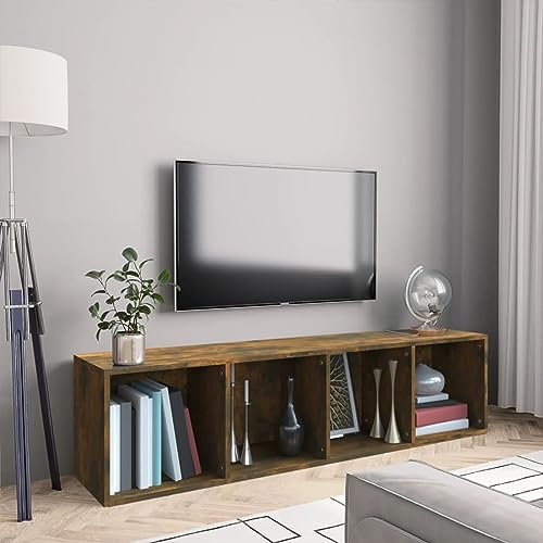 Snsowed Bücherregal/TV-Schrank, Raumteiler Regal, Standregal, Bookcase, Bücherwand, Büroregal, Regalbrett, Bookshelf, Räuchereiche 143x30x36 cm Holzwerkstoff