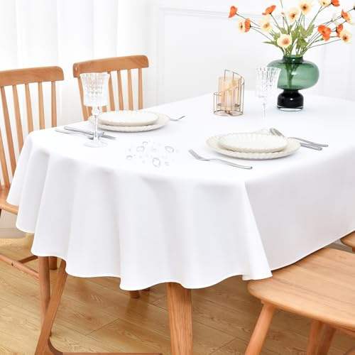 NEWISHER Farmhouse Tischdecke, wasserabweisend, oval, 153 x 215 cm | Tischdecke aus Leinenimitat, abwischbar, waschbar, für Küche, Esszimmer, Party, Bankett, drinnen und draußen, Weiß