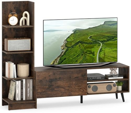 COSTWAY Meuble TV Bibliothèque en L pour Télé 50, 6 Étagères Ouvertes, Armoire à Porte Abattante, Meuble Télé 140 cm pour Salon, Chambre, Kits Anti-basculement Inclus (Marron Rustique)