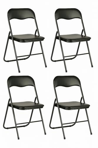 DUPI Silla Plegable de Metal | Acolchada y Cómoda | Uso en Cocina, Oficina, Camping | No Requiere Montaje | para Espacios Pequeños | Sintético | Pack de 4 Unidades | Negro