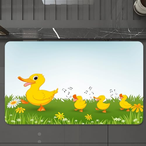 EMCLKS Badteppich rutschfeste,weicher Badezimmerteppich Badematte Badvorleger für Dusche,Badewanne und Toilette,Cartoon: Eine Ente führt Ihr Küken fröhlich singend durch das grüne Gras,60x90 cm