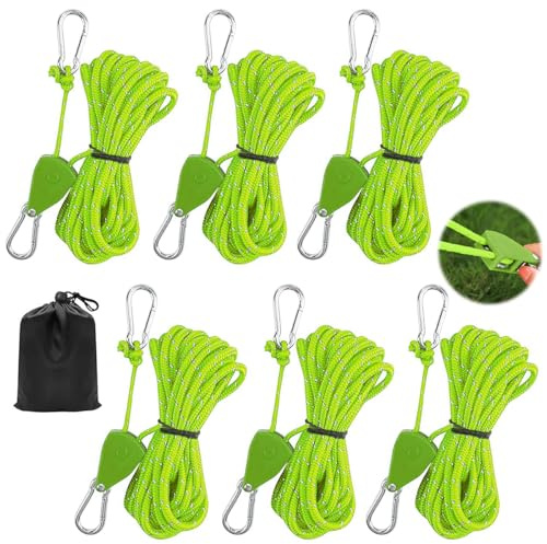 6 Pezzi Corda Regolabile a Cricchetto, 4mm Cinghie a Cricchetto 4m | Corde Riflettenti in Nylon, Ganci in Metallo, per Tende Campeggio Tende da Sole e Outdoor (Verde)