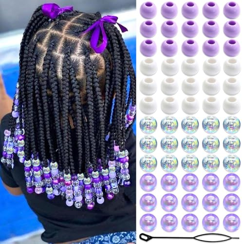 Auroriel 60 perles à cheveux pour enfants filles tresses rondes violet blanc transparent acrylique 4 styles avec aide-enfilage