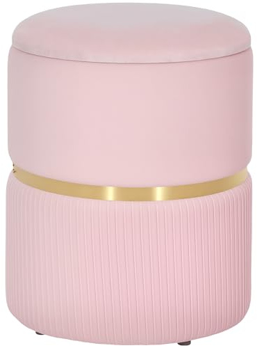 HOMCOM Round Storage Stool, Velvet-feel Fabric Upholstered Vanity Stool with Removable Top, Padded Seat and Hidden Space for Living Room, Bedroom, Pink