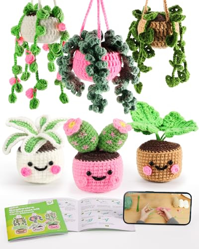 Caydo Crochet Kit for Beginners with Step-by-Step Video Tutorials | Crochet Starter Kits for Adults, Potted Hanging Plants Craft Kit with Yarn Sets for Home/Car Decoration, Gift for All Ages
