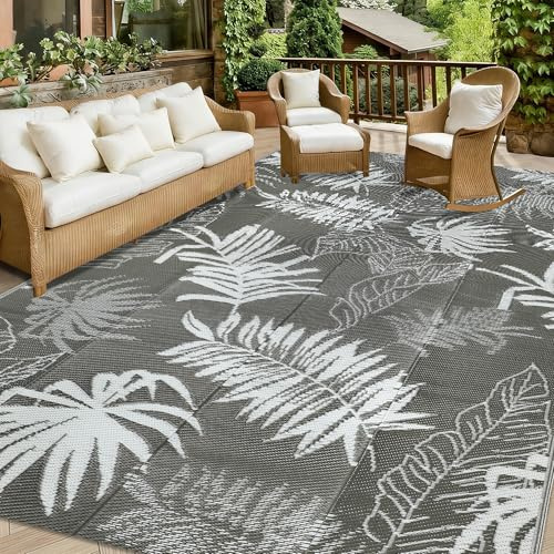 Homcomodar Grey Garden Rug 180x270cm Outdoor Rug for Patios Waterproof Lightweight Foldable Outdoor Carpet Reversible UV Resistant Plastic Area Rugs for Patio RV Balcony Beach Backyard Picnic Deck
