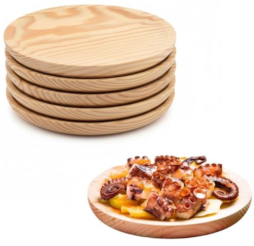 COSHANO 6x Plato de madera para pulpo, pizza, charcuteria, quesos, tapas, entrantes, vajilla para comida, tabla de picar, fuente para alimentación. (6x 18cm)