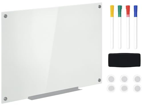 Vinsetto Tableau magnétique en verre mural 90 x 60 cm sans cadre avec plateau montage facile 4 marqueurs et tampon effaceur blanc