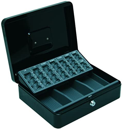 BASI Geldkassette mit Münzzählbrett | Geldscheinfach | Münzgeldeinsatz herausnehmbar | Tragegriff | 2 Schlüssel | H90xB300xT240 mm| Farbe Schwarz