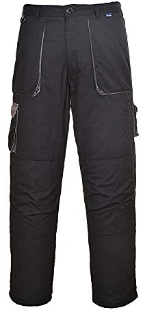 Portwest TX11 Texo Kontrast-Hose 2 Gesäßtaschen Elastischer Bund Doppelnaht | Schwarz, L, UPF 40+, EN 14404 Typ 2, Polyester Baumwolle, Viele Taschen, Reißverschluss und Knopf, Schrägtasche, Nahttasche