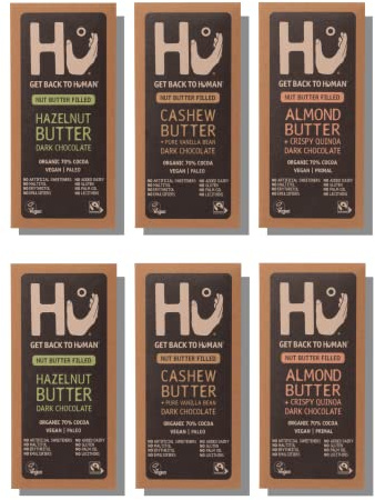 Hu Chocolate Nut Butter Taster Pack - 2x Hazelnut, 2x Almond, 2x Cashew Vanilla Dark Chocolate Bars 60 g