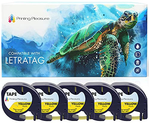 5x Schriftband kompatibel für Dymo LetraTag 91202 Schwarz auf Gelb (12mm x 4m), Kunststoff, laminiert, für Dymo LetraTag LT-100H, LT-100T, LT-110T, QX 50, XR, XM, 2000, Plus Etikettendrucker