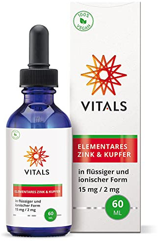 Vitals - Elementares Flüssige Zink & Kupfer 60ml, 15mg / 2mg, in Ionischer Form. 100% Vegan.