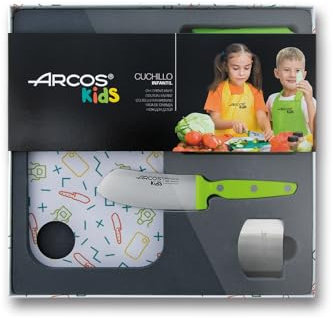 Arcos Kids - Set de Cocina para niños (Cuchillo infantil + Delantal + Tabla de corte + Protector de dedos) - Color Verde