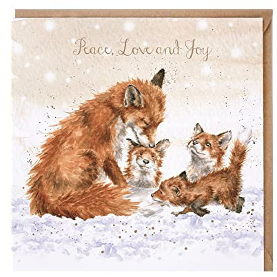 Wrendale Designs Weihnachtskarte (WRE-X077) – Peace, Love and Joy – Fuchs und Jungtiere – schöne Goldfolien-Oberfläche – Weihnachtskarte für jeden Empfänger