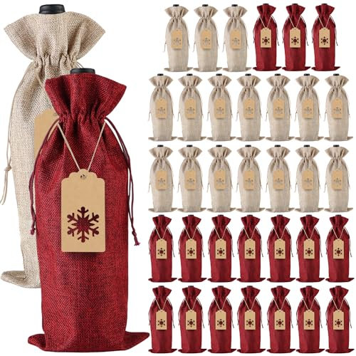 PIXHOTUL Sackleinen Wein Geschenktüten, Jute Kordelzug Weinflaschenhüllen mit Seilen und Tags für Weihnachten, Hochzeit, Reisen, Geburtstag, Urlaubsparty