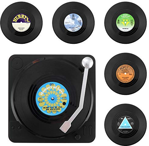 KEESIN Retro Vinyl Untersetzer,6 Stück Vinyl Schallplatten Untersetzer Getränke Untersetzer für Tassen Tisch Bar Glas Gläser mit Halter (Green)