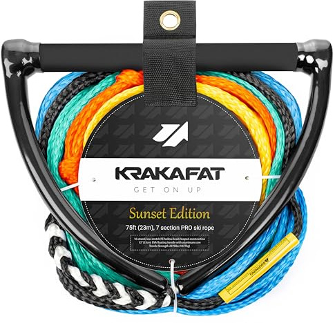 KRAKAFAT Cuerda de esquí acuático de 75 pies, cuerda de wakeboard – 7 secciones con mango flotante de agarre de diamante EVA de 13 pulgadas – Cuerda de remolque de tubo de 1-2 para tubo – Cuerda de