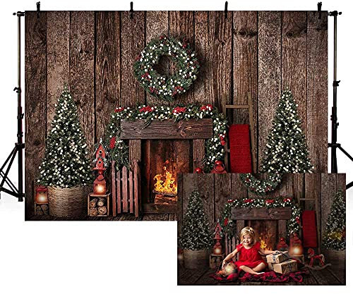 MEHOFOND 2,1x1,5 m Frohe Weihnachten Hintergrund Vintage Holzwand Kind Porträt Fotografie Requisiten Kamin Evergreen Xmas Baum Hintergrund Familie Urlaub Party Foto Tapete Dekoration Studio